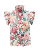 Ladies Rtw Batsheva - Claude Ruffled Tulip-print Cotton-canvas Top - Womens - Red Multi