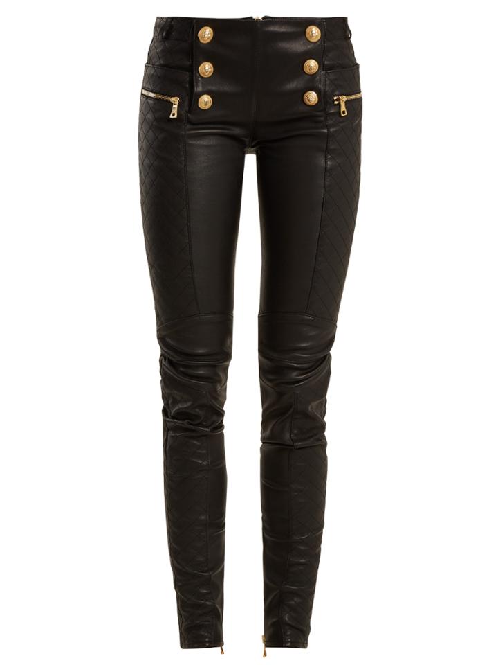 Balmain Military-button Skinny-leg Leather Biker Trousers