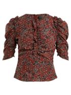 Matchesfashion.com Isabel Marant - Brizo Ruffle Trimmed Floral Print Stretch Silk Top - Womens - Burgundy Print