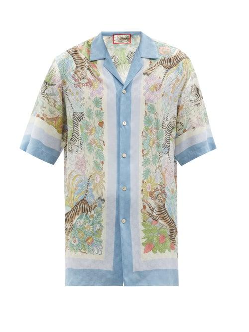 Gucci - Tiger-print Silk Crepe De Chine Bowling Shirt - Mens - Light Blue
