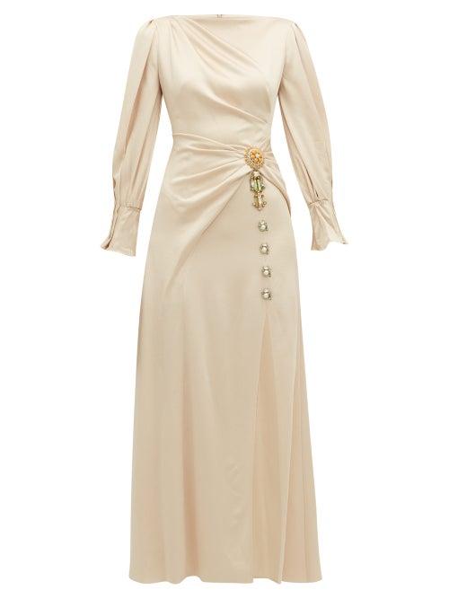 Matchesfashion.com Peter Pilotto - Crystal Brooch Draped Hammered Satin Dress - Womens - Cream