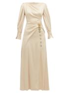 Matchesfashion.com Peter Pilotto - Crystal Brooch Draped Hammered Satin Dress - Womens - Cream