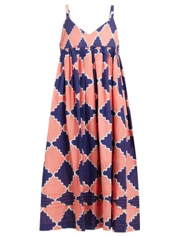 Matchesfashion.com Story Mfg - Daisy Geometric Print Cotton Midi Dress - Womens - Blue Multi