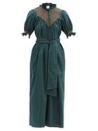 Matchesfashion.com Loretta Caponi - Elena High-neck Smocked Cotton Dress - Womens - Dark Green