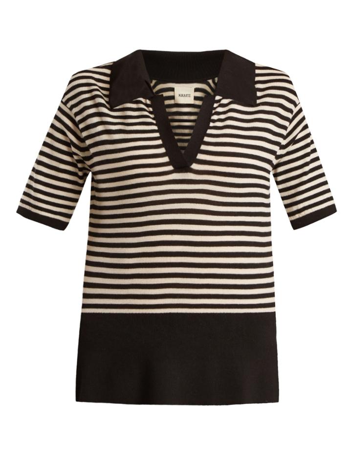 Khaite Georgia V-neck Striped Wool-blend Polo Top