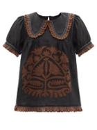 Ladies Rtw Vita Kin - Shalimar Floral-appliqu Linen-poplin Blouse - Womens - Black Brown