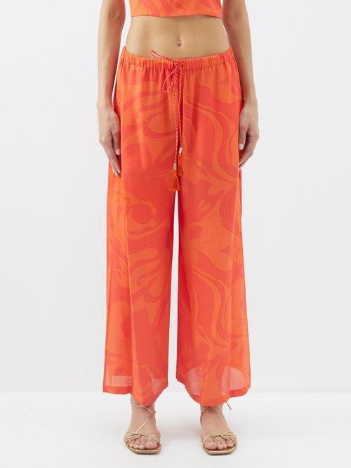 Etro - Swirl-print Side-slit Crepe Trousers - Womens - Orange Print