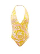 Ladies Beachwear Emilio Pucci - Plunge-neck Albizia-print Halterneck Swimsuit - Womens - Yellow