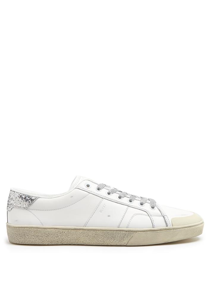 Saint Laurent Court Classic Glitter-heel Leather Trainers