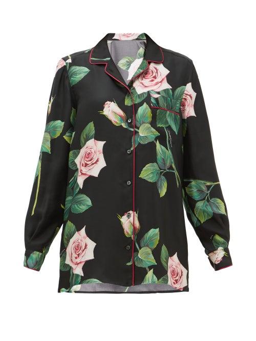 Matchesfashion.com Dolce & Gabbana - Rose-print Silk-satin Shirt - Womens - Black Print