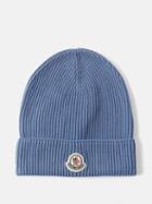 Moncler - Logo-patch Ribbed Wool-blend Beanie - Mens - Blue