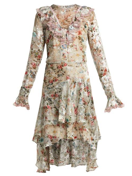 Matchesfashion.com Preen By Thornton Bregazzi - Doris Floral Print Silk Blend Devor Dress - Womens - Ivory Multi