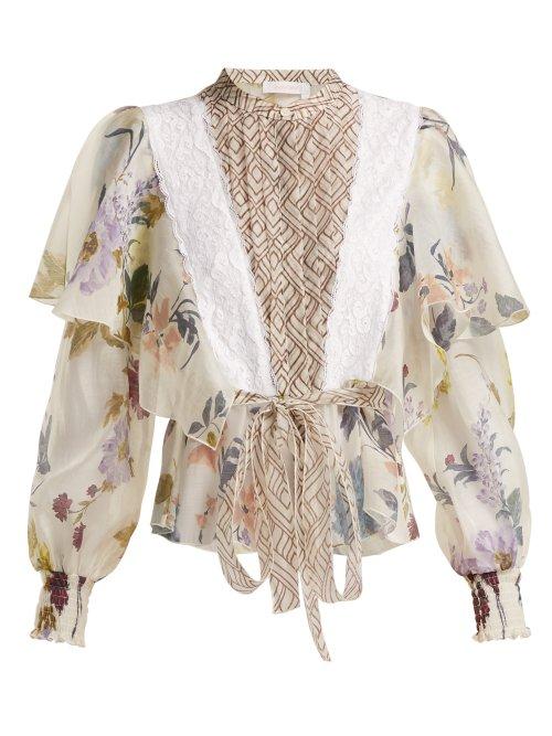 Matchesfashion.com See By Chlo - Lace Trimmed Ruffle Panel Floral Blouse - Womens - White Multi