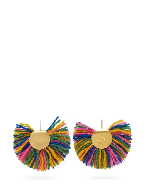 Matchesfashion.com Katerina Makriyianni - Tasselled Wool & 24kt Gold-plated Fan Earrings - Womens - Multi