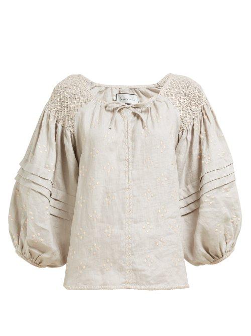 Matchesfashion.com Innika Choo - Oliver Daily Smocked Linen Blouse - Womens - Grey