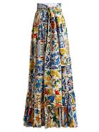Matchesfashion.com Dolce & Gabbana - Majolica Print Tiered Cotton Maxi Skirt - Womens - White Print