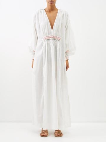 Lee Mathews - Blossom Embroidered Linen-blend Maxi Dress - Womens - White Multi