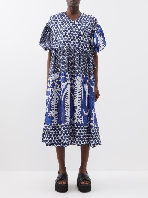 Biyan - Langit Puff-sleeved Gathered Printed Silk Dress - Womens - Navy White