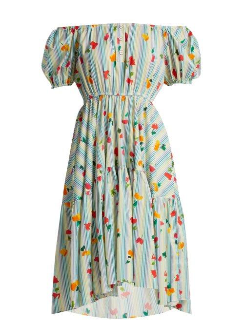 Matchesfashion.com Caroline Constas - Striped Floral Print Cotton Blend Dress - Womens - Blue White