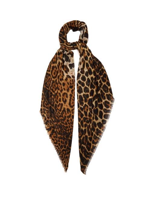 Matchesfashion.com Saint Laurent - Leopard Print Cashmere Blend Scarf - Womens - Brown