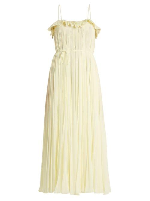 Matchesfashion.com Adam Lippes - Ruffle Trimmed Square Neck Pleated Dress - Womens - Light Yellow