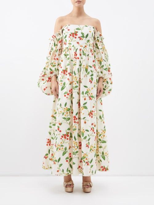 Agua By Agua Bendita - Alheli Frutal-print Off-the-shoulder Cotton Dress - Womens - Ivory Multi