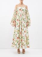 Agua By Agua Bendita - Alheli Frutal-print Off-the-shoulder Cotton Dress - Womens - Ivory Multi