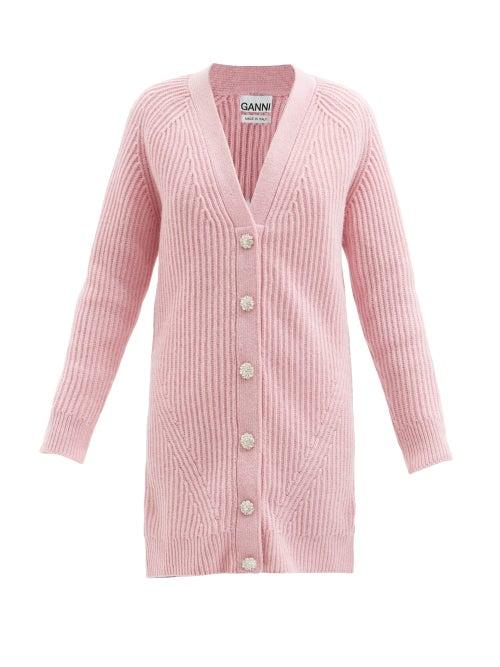 Ganni - Crystal-button Ribbed Recycled Wool-blend Cardigan - Womens - Pink