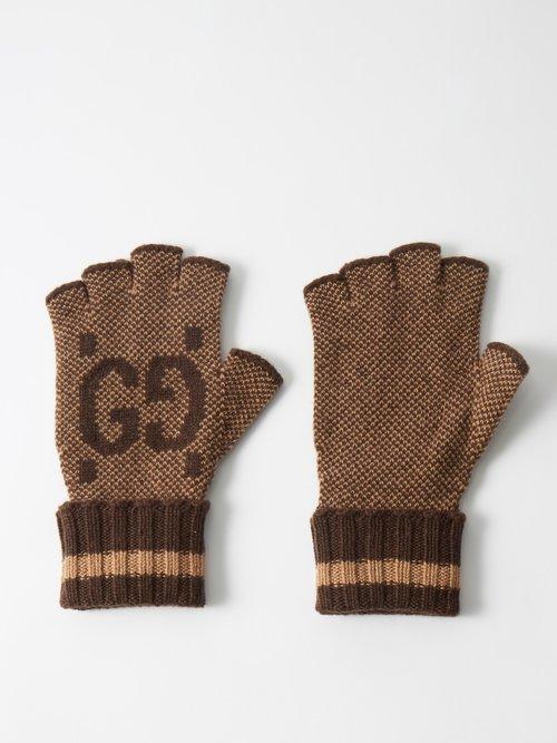 Gucci - Gg-jacquard Fingerless Cashmere Gloves - Womens - Brown Multi