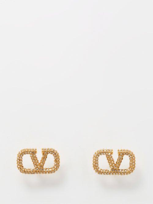 Valentino Garavani - V-logo Crystal Stud Earrings - Womens - Gold Multi