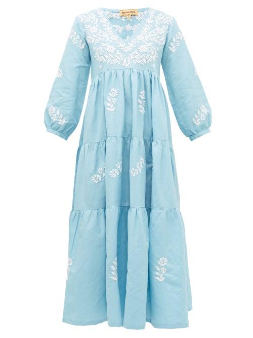 Matchesfashion.com Muzungu Sisters - Frangipani Floral-embroidered Tiered Dress - Womens - Blue Multi