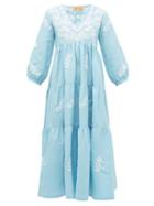 Matchesfashion.com Muzungu Sisters - Frangipani Floral-embroidered Tiered Dress - Womens - Blue Multi