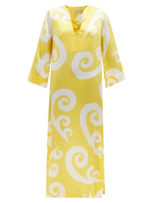 Ladies Beachwear Themis Z - Peacock-print Silk-satin Tunic Dress - Womens - Yellow