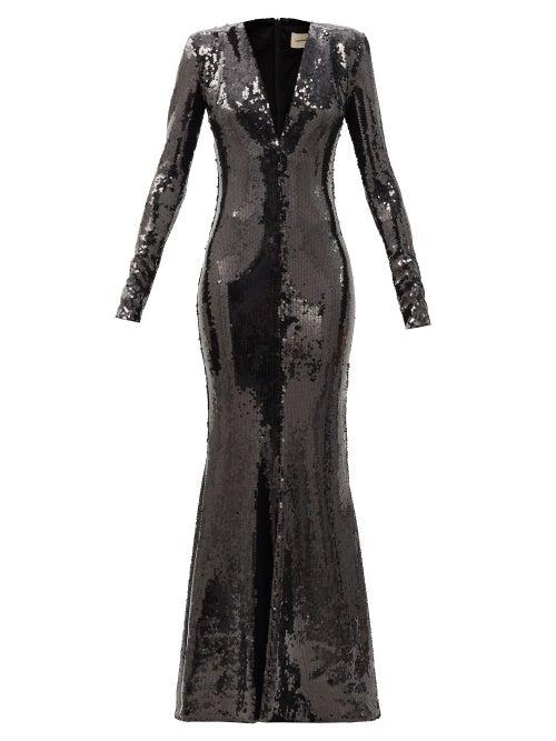 Matchesfashion.com Alexandre Vauthier - Plunge-neck Sequinned Fluted Gown - Womens - Black