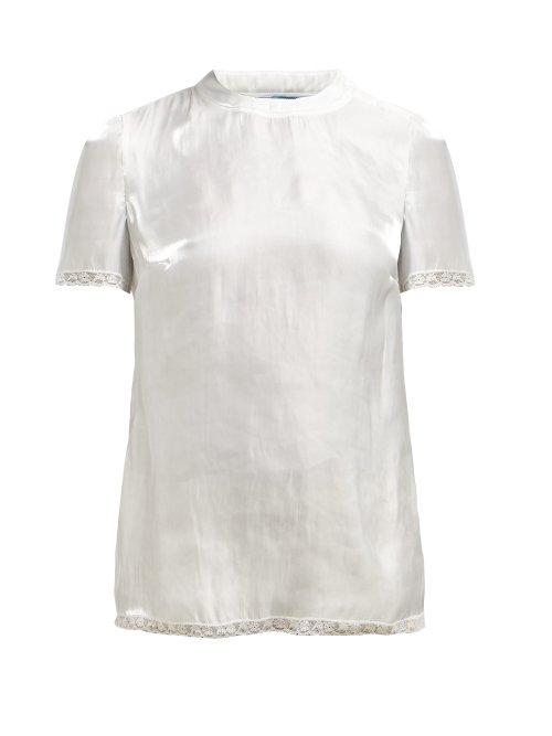 Matchesfashion.com Prada - Floral Lace Trim Silk Charmeuse Top - Womens - White