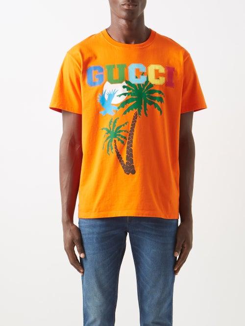 Gucci - Love Parade Palm-print Cotton-jersey T-shirt - Mens - Orange Multi