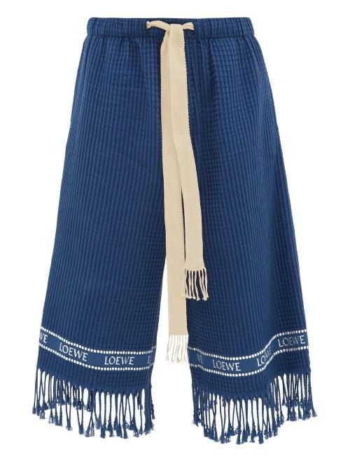 Matchesfashion.com Loewe - Fringed Cotton Waffle-piqu Cropped-leg Trousers - Mens - Navy