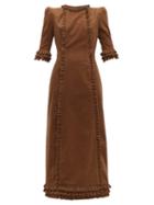 Matchesfashion.com The Vampire's Wife - Cate Ruffle Trim Corduroy Cotton Midi Dress - Womens - Beige