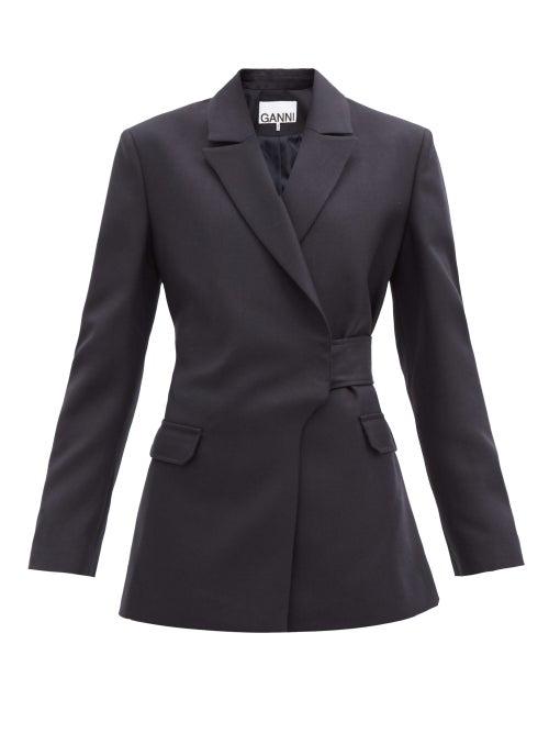 Matchesfashion.com Ganni - Double-breasted Belted Wool-blend Jacket - Womens - Navy