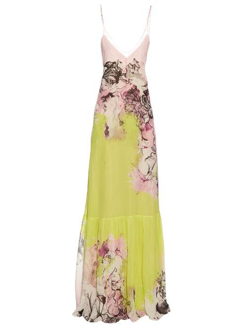 Roberto Cavalli Kimono Floral-print V-neck Silk-georgette Gown