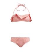 Matchesfashion.com Fendi - Frill Striped Seersucker Bikini Set - Womens - Orange Stripe
