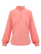 Matchesfashion.com Cefinn - Gathered High Neck Silk Crepe De Chine Blouse - Womens - Pink