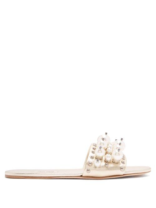 Matchesfashion.com Miu Miu - Faux Pearl Embellished Leather Slides - Womens - Gold