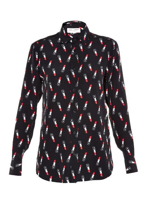 Saint Laurent Paris Lipstick-print Silk Shirt