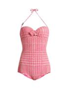Matchesfashion.com Fendi - Prince Of Wales Checked Print Bandeau Swimsuit - Womens - Pink Multi