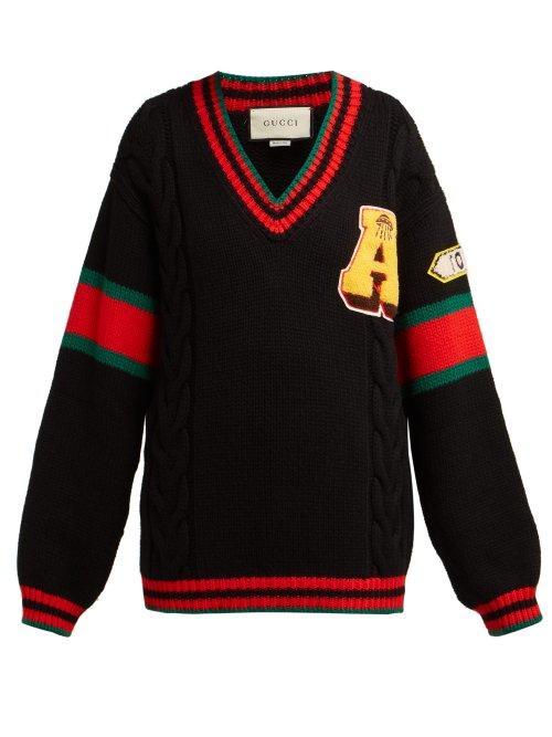 Matchesfashion.com Gucci - Web Stripe Intarsia Cable Knit Wool Sweater - Womens - Black Multi