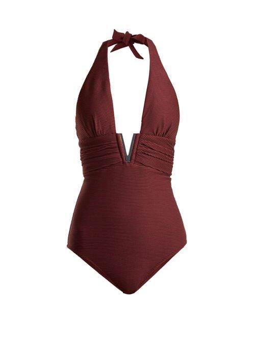 Matchesfashion.com Heidi Klein - Monaco V Bar Ribbed Swimsuit - Womens - Burgundy