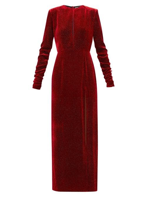 Matchesfashion.com Raquel Diniz - Lucy Glittered Side Slit Velvet Dress - Womens - Dark Red
