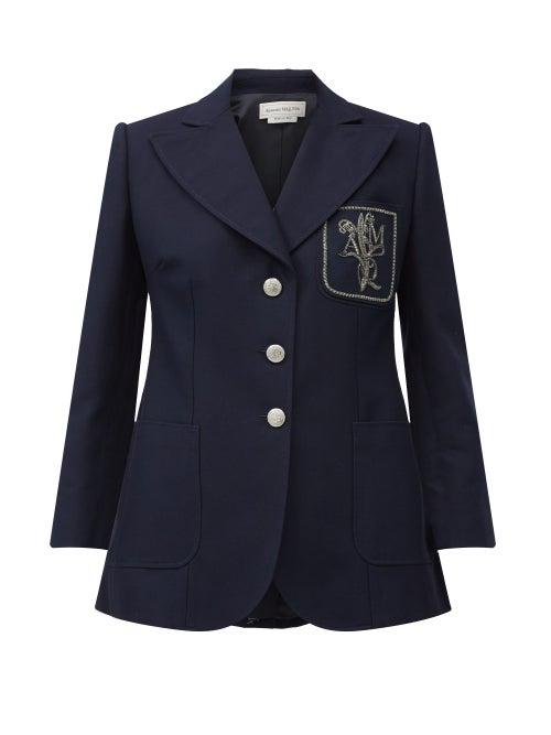Matchesfashion.com Alexander Mcqueen - Single-breasted Beaded-crest Canvas Blazer - Womens - Navy