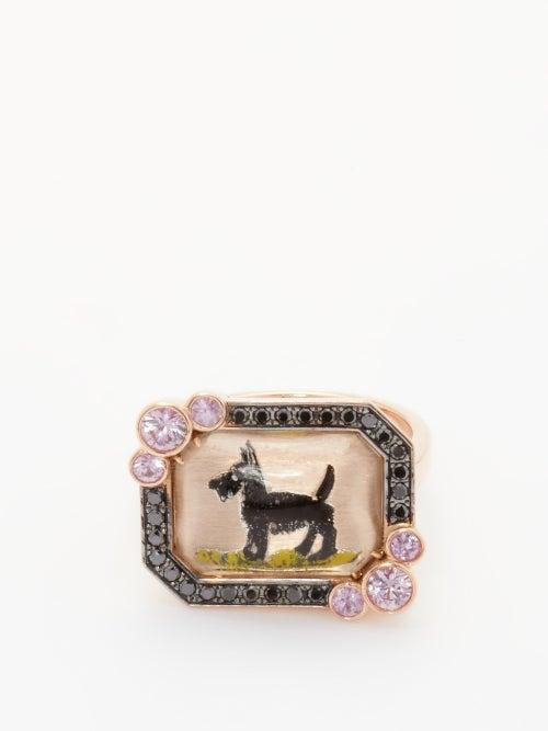 Francesca Villa - Dog Diamond, Sapphire & 18kt Rose Gold Ring - Womens - Pink Multi
